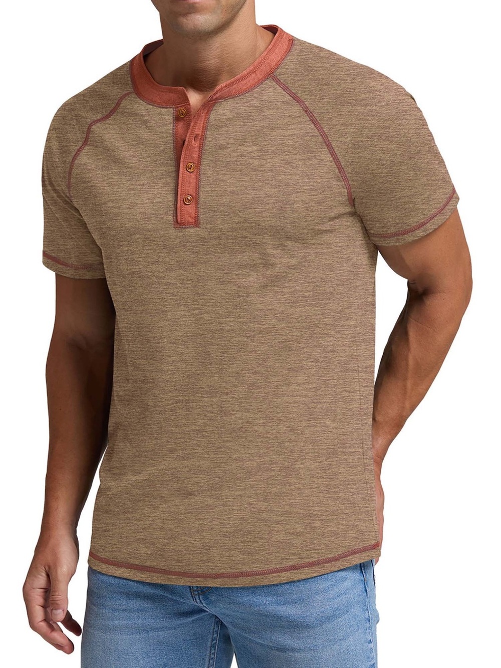 Sailwind Short Sleeve Henley Tee in Tan with Rust Trim - Picture 1 of 3